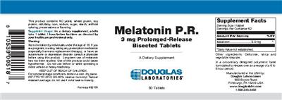 Photo of the Douglas Laboratories Melatonin P.R. 3 mg Prolonged-Release Bisected Tablets label