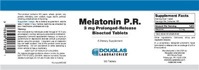 Photo of the Douglas Laboratories Melatonin P.R. 3 mg Prolonged-Release Bisected Tablets label