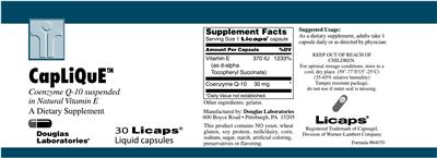 Photo of the Douglas Laboratories Caplique Coenzyme Q-10 Suspended In Natural Vitamin E label