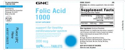 Photo of the GNC Folic Acid 1000 mcg label