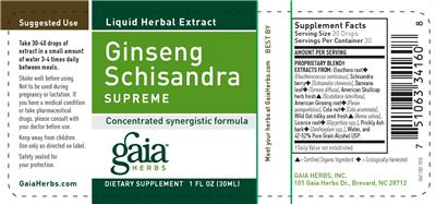 Photo of the Gaia Herbs Ginseng Schisandra Supreme label