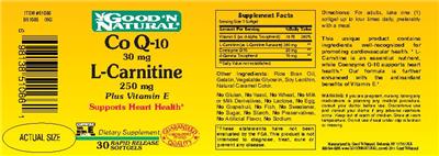 Photo of the Good 'N Natural Co Q-10 30 mg L-Carnitine 250 mg Plus Vitamin E label