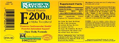 Photo of the Good 'N Natural Natural Vitamin E 200 IU D-Alpha Tocopheryl label