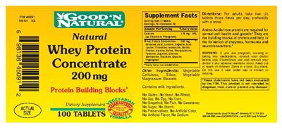 Photo of the Good 'N Natural Natural Whey Protein Concentrate 200 mg label