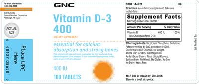 Photo of the GNC Vitamin D-3 400 label