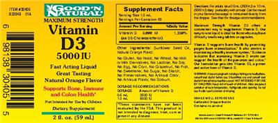 Photo of the Good 'N Natural Maximum Strength Vitamin D3 5000 IU Natural Orange Flavor label