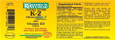 Photo of the Good 'N Natural Natural Vitamin K-2 100 mcg Plus Vitamin D3 1000 IU label