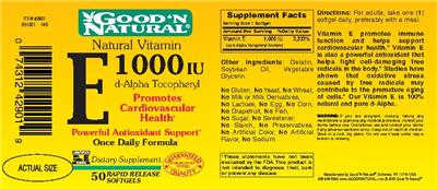 Photo of the Good 'N Natural Natural Vitamin E 1000 IU D-Alpha Tocopheryl label