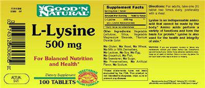 Photo of the Good 'N Natural L-Lysine 500 mg label