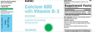 Photo of the GNC Calcium 600 with Vitamin D-3 label