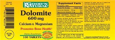 Photo of the Good 'N Natural Dolomite 600 mg Calcium & Magnesium label
