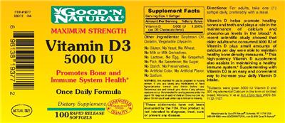 Photo of the Good 'N Natural Maximum Strength Vitamin D3 5000 IU label