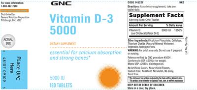 Photo of the GNC Vitamin D-3 5000 label