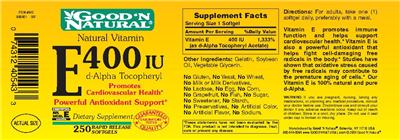 Photo of the Good 'N Natural Natural Vitamin E 400 IU D-Alpha Tocopheryl label