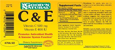 Photo of the Good 'N Natural C & E Vitamin C 500 mg Vitamin E 400 IU label
