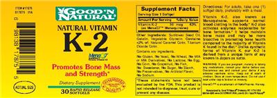 Photo of the Good 'N Natural Natural Vitamin K-2 label