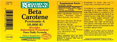 Photo of the Good 'N Natural Beta Carotene Provitamin A 10,000 IU label