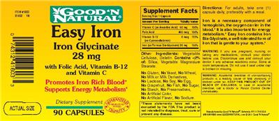 Photo of the Good 'N Natural Easy Iron Iron Glycinate 28 mg label