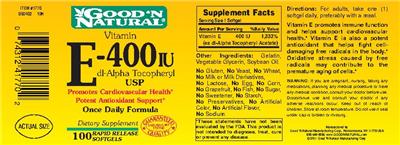 Photo of the Good 'N Natural Vitamin E-400 IU Dl-Alpha Tocopheryl USP label