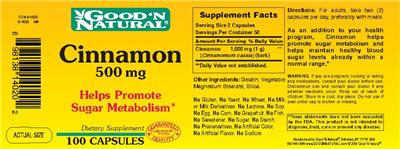 Photo of the Good 'N Natural Cinnamon 500 mg label