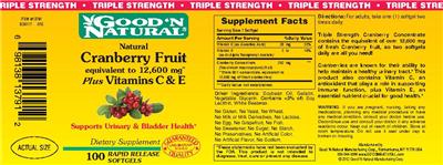 Photo of the Good 'N Natural Natural Cranberry Fruit Plus Vitamins C & E label