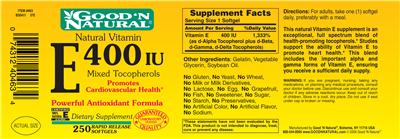 Photo of the Good 'N Natural Natural Vitamin E 400 IU Mixed Tocopherols label
