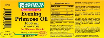 Photo of the Good 'N Natural Standardized GLA Evening Primrose Oil 1000 mg 90 mg GLA (9%) label