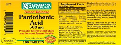 Photo of the Good 'N Natural Timed Release Pantothenic Acid 500 mg label