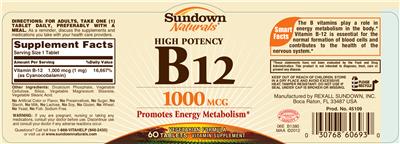 Photo of the Sundown Naturals B12 label