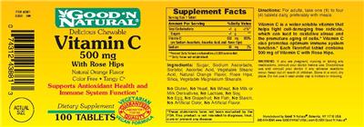 Photo of the Good 'N Natural Delicious Chewable Vitamin C 500 mg With Rose Hips Natural Orange Flavor label