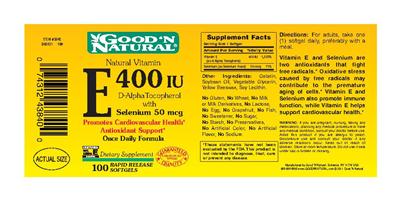 Photo of the Good 'N Natural Natural Vitamin E 400 IU D-Alpha Tocopheryl With Selenium 50 mcg label