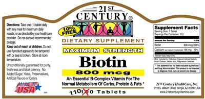Photo of the 21st Century Maximum Strength Biotin 800 mcg label