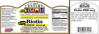 Photo of the 21st Century Hi-Potency Biotin 5000 mcg label