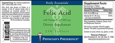 Photo of the Physician's Preference Folic Acid 800 mcg label