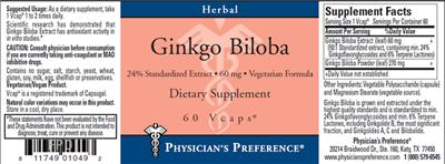 Photo of the Physician's Preference Ginkgo Biloba 60 mg label