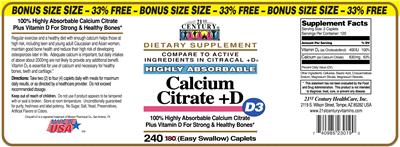 Photo of the 21st Century Highly Absorbable Calcium Citrate +D Bonus Size label