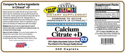 Photo of the 21st Century Highly Absorbable Calcium Citrate +D Value Size label