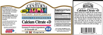 Highly Absorbable Calcium Citrate +D 20% Free のラベル画像（NIH DSLD）