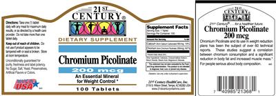 Photo of the 21st Century Chromium Picolinate 200 mcg label