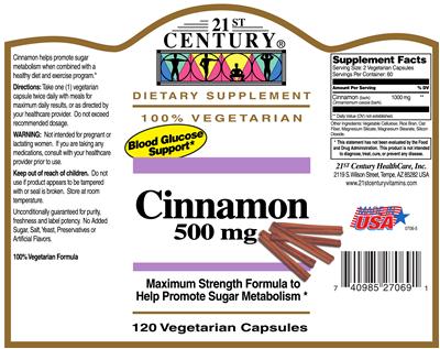 Photo of the 21st Century Cinnamon 500 mg label