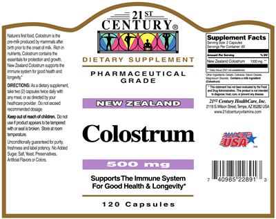 Photo of the 21st Century New Zealand Colostrum 500 mg label