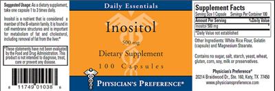 Photo of the Physician's Preference Inositol 500 mg label