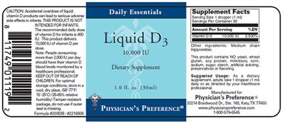 Photo of the Physician's Preference Liquid D3 10,000 IU label