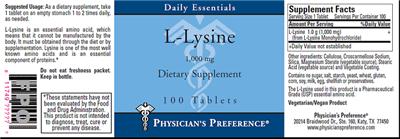 Photo of the Physician's Preference L-Lysine 1,000 mg label