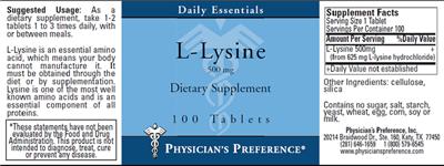 Photo of the Physician's Preference L-Lysine 500 mg label