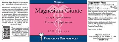 Photo of the Physician's Preference Magnesium Citrate 200 mg label