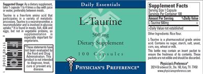 Photo of the Physician's Preference L-Taurine 500 mg label