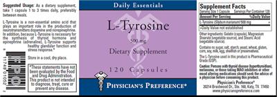 Photo of the Physician's Preference L-Tyrosine 500 mg label