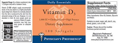 Photo of the Physician's Preference Vitamin D3 1,000 IU label