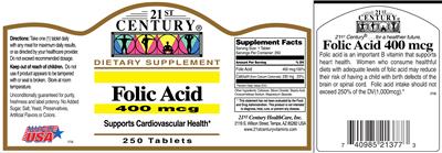 Photo of the 21st Century Folic Acid 400 mcg label